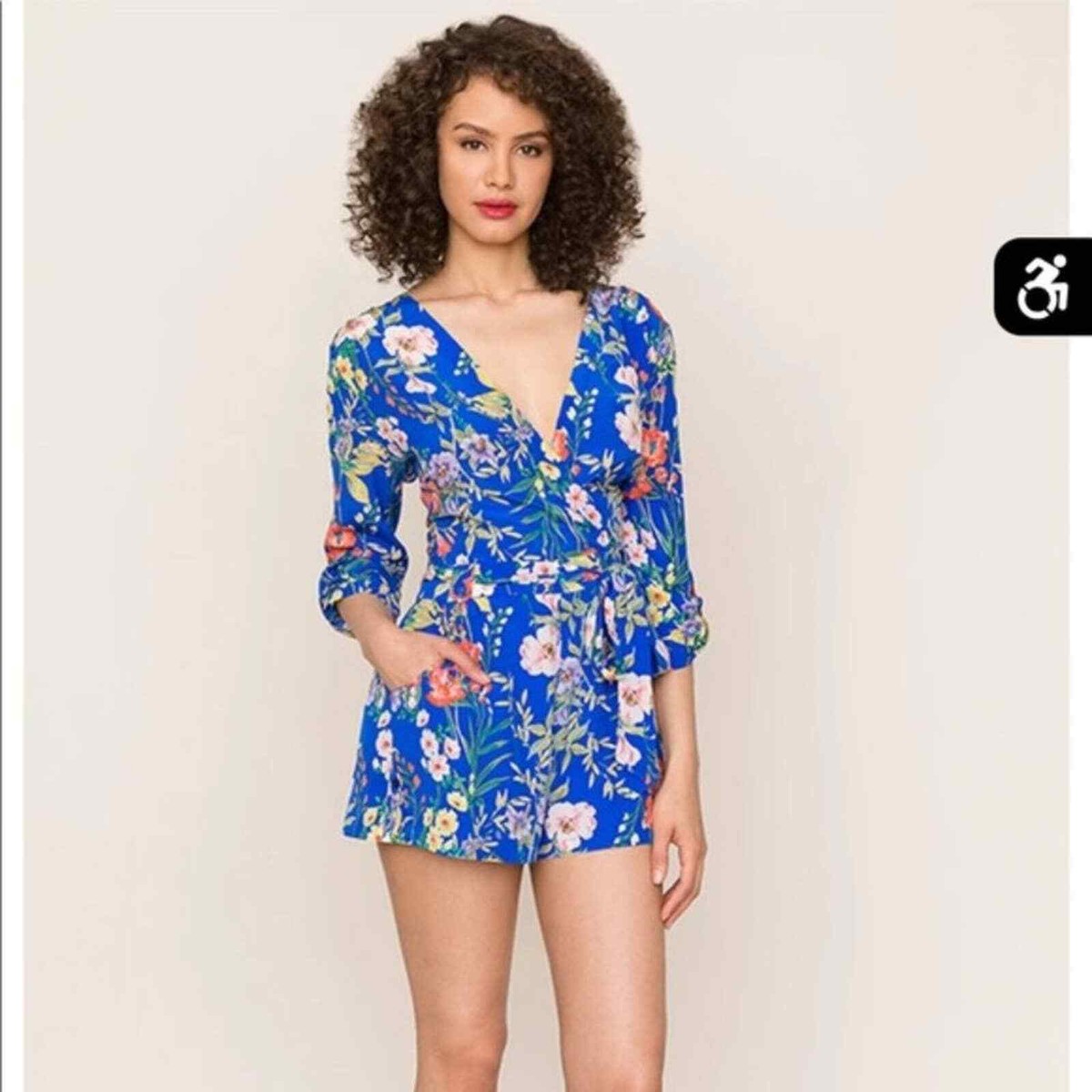 Yumi Kim Womens Blue Floral V Neck Romper XS Spring Short Pockets