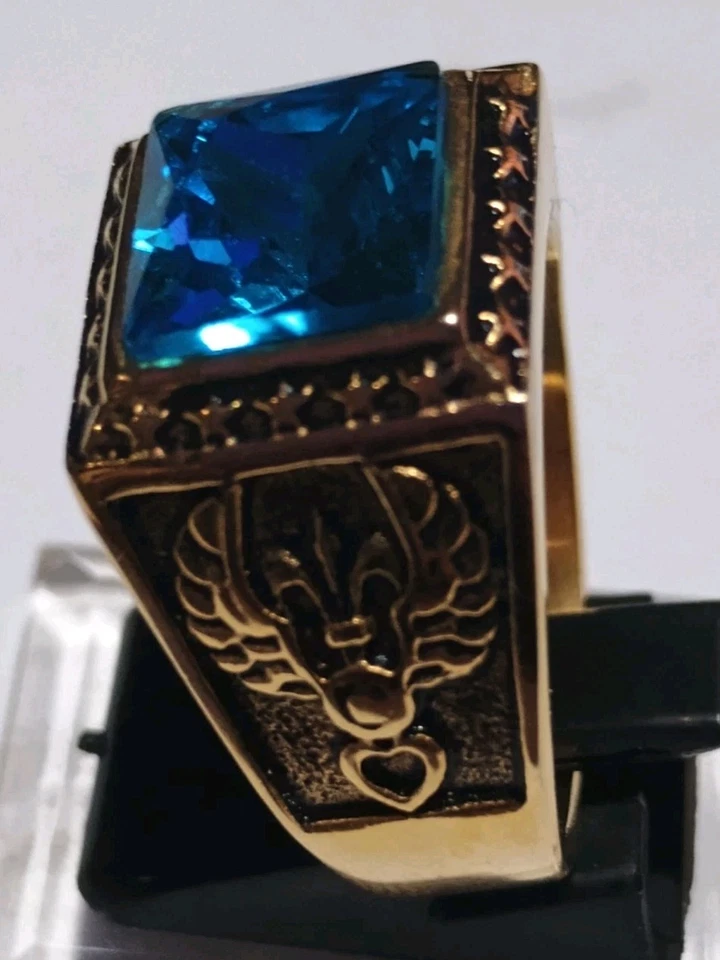Anillo de hombre piedras azules chapado en oro de acero inoxidable talla 12 Foto 2 de 4