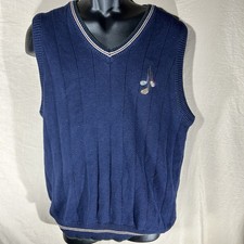 Vintage Lee Sport Golf Sweater Vest Men's Medium Navy Blue V-Neck Made in USA
