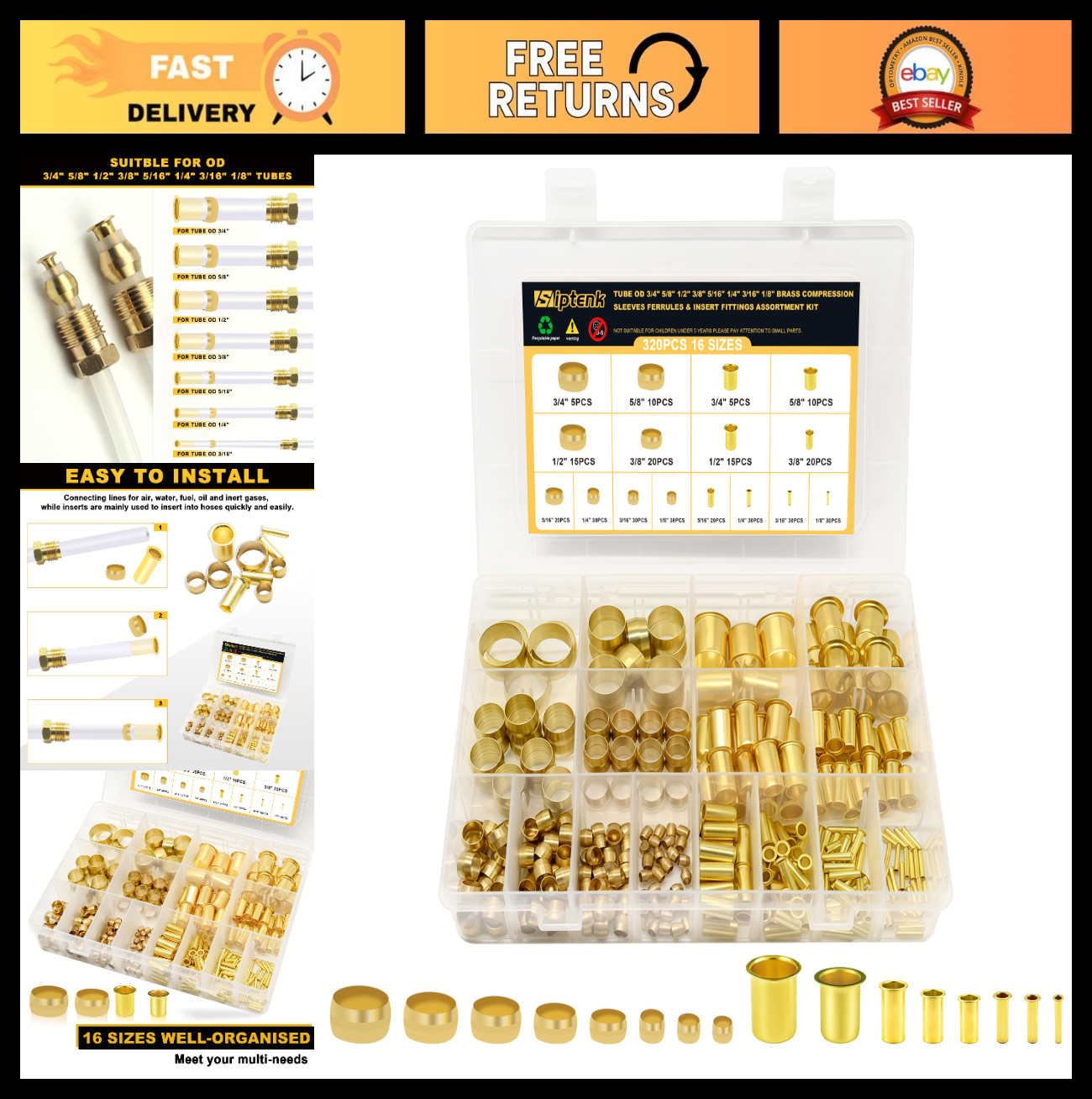 320PCS Brass Compression Sleeves Fittings Assortment Kit for Air Water Fuel Oil