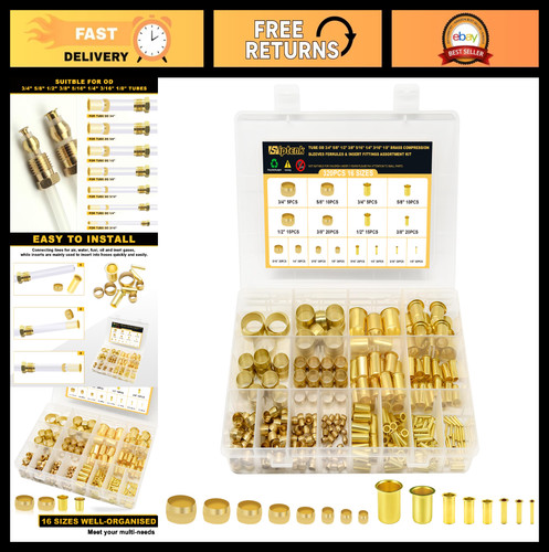 320PCS Brass Compression Sleeves Fittings Assortment Kit for Air Water Fuel Oil
