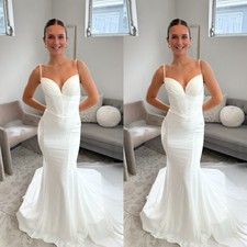 Mermaid Wedding Dress Satin Pearl Beading White Spaghetti Straps Bridal Gowns