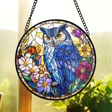Owl And Floral Stained Glass Suncatcher, Owl Window Panel, Boho Woodland Style