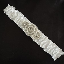 XL Bridal Wedding Garter White Ruffled Satin Beaded Crystal Pearl Floral Rosette
