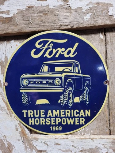 VINTAGE FORD PORCELAIN SIGN OLD 1969 TRUE AMERICAN HORSEPOWER TRUCK SERVICE 12"