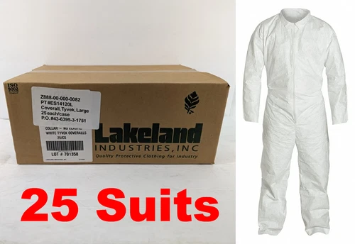 Lakeland Tyvek 400 TY120S LARGE Collared Disposable Suit Coveralls | 25 Pack New - product listing photo