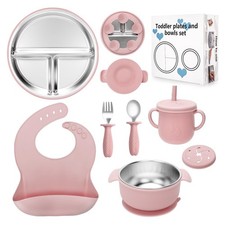 Stainless Steel Kids Plates and Bowls Set with Suction, Divided Baby Plate an...