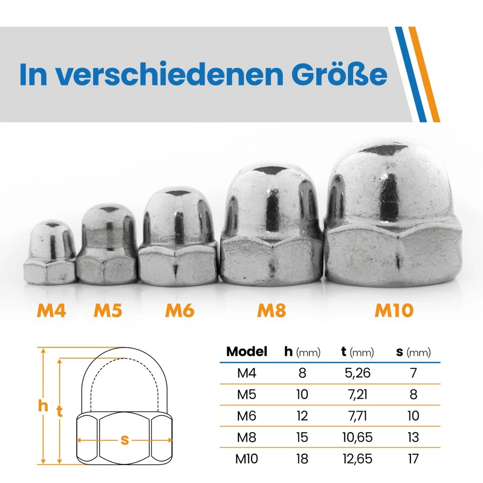 Hutmuttern Edelstahl Muttern V2A DIN 1587 M4 M5 M6 M8 M10 hohe Form Hutmutter - Bild 3 von 3