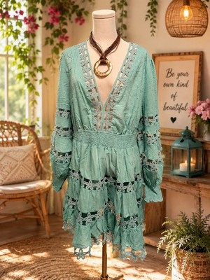 L'Atiste by Amy Seafoam Green Boho Cotton Lace Tiered Swiss Dot Dress NWT 2X