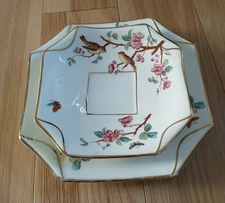 Lot of 2 Antique Sampson & Bridgwood Folded Edge Octo Plate Bird Flowers