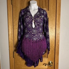 Latino Dancewears Purple Lace Rhinestone Embellished Fringe Salsa Dance Costume