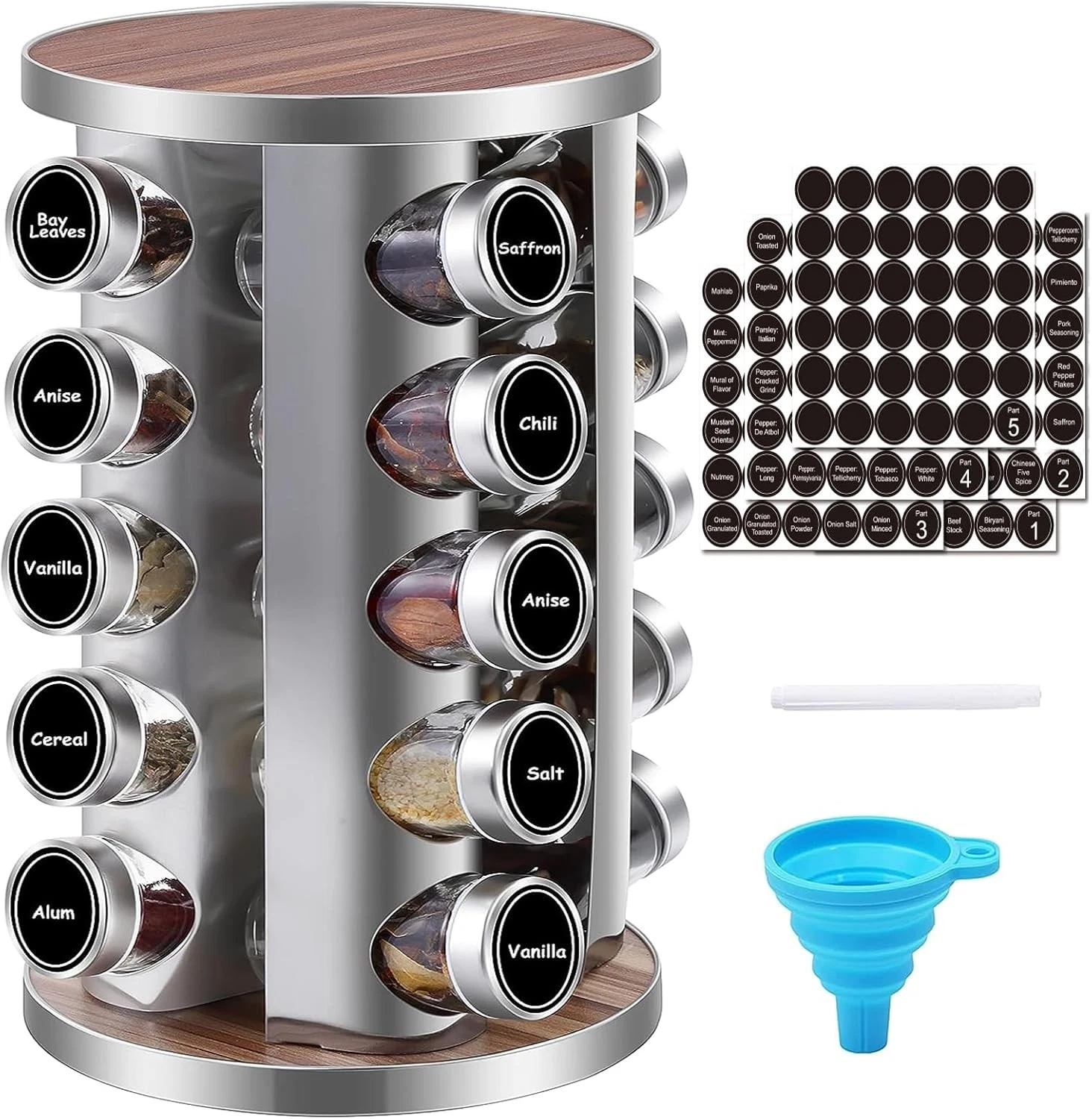 WAYDA Rotating Spice Rack Organizer, 20 Jars Revolving 20 Jars, Blue,Silver
