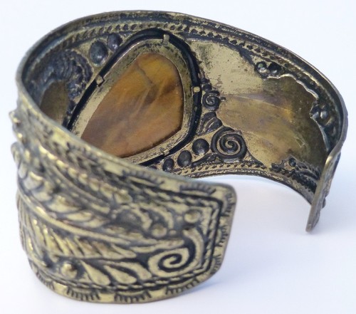 Vintage Armreif Armband groß Tigerauge Dreieck Stein Messing Southwestern Design - Bild 6 von 8