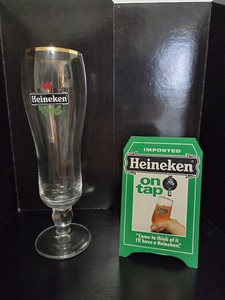 Tall Heineken Pilsner Glass and Paper Bar Top Advertising Sign Man Cave Decor