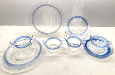 Macbeth-Evans Stippled Rose Blue Band Depression Glass 10 pc Set S Pattern 1930