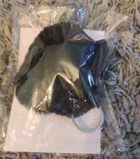 Black Faux Fur Pom Pom Silver Ring Keychain Key Fob Purse Charm Fluffy Fur