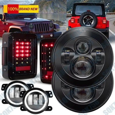 Combo 7'' LED Round Headlights Tail Lights & 4'' Fog Lights For Jeep JK 2007-2017