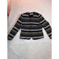 Tahari Geometric Stripe Blazer Jacket Women Collarless Button Front sz 10