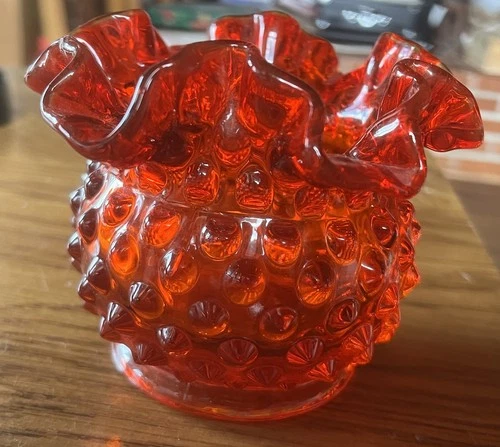 Fenton Amberina Hobnail Glass Vase Rose Bowl with Ruffled Edges