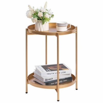 HollyHOME Gold runder Beistelltisch Wohnzimmer klein Metall Kaffee D37cm, 