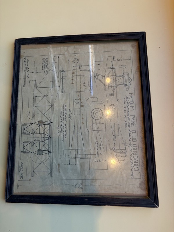 1933 John Roe Handley page Cossack Biplane Airplane Blueprint Framed Schematic 