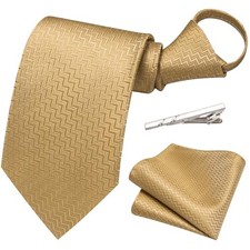 Pre-tied Zipper Tie and Pocket Square Set Adjustable Silk Necktie Dark Gold
