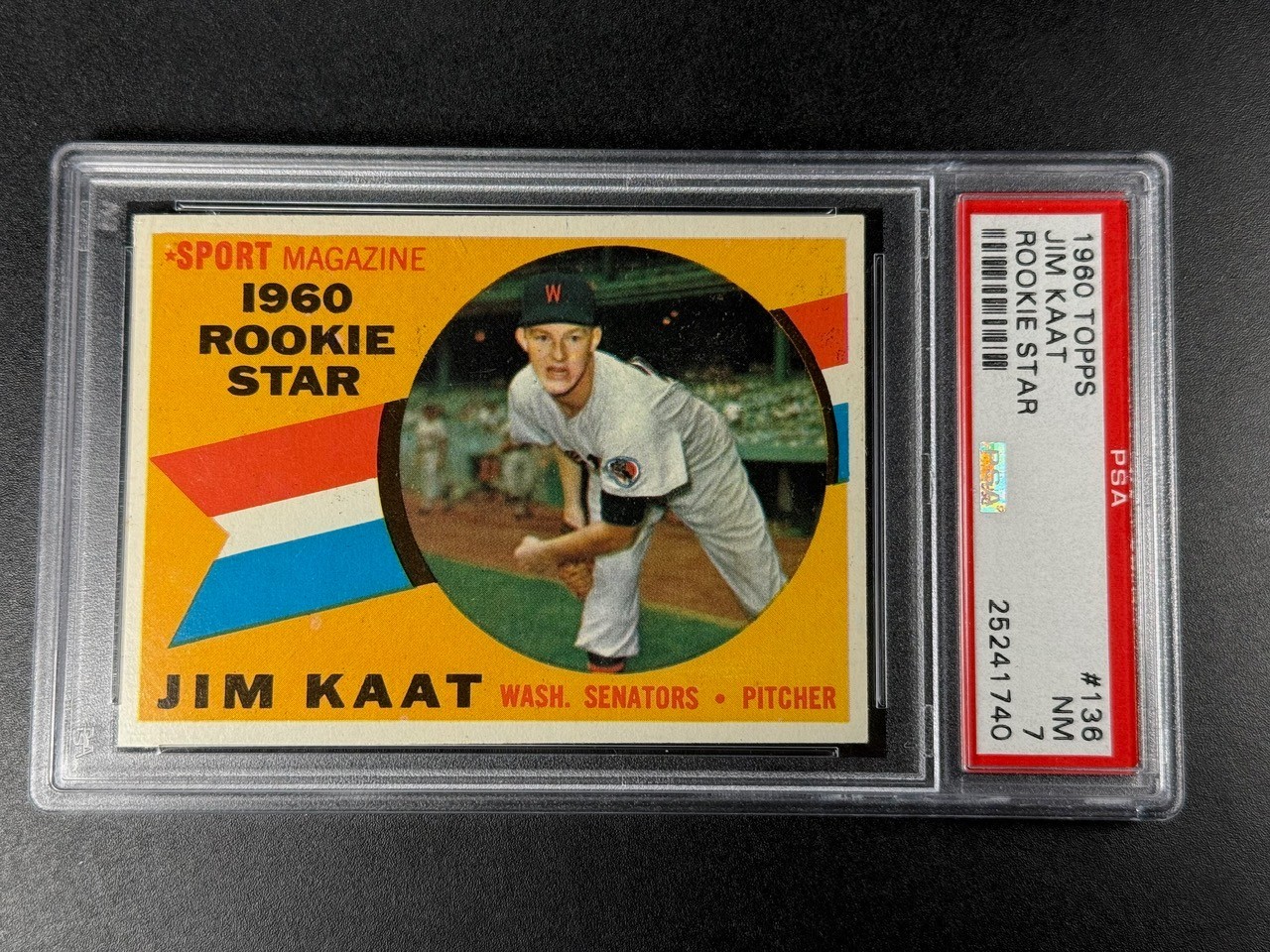 JIM KAAT 1960 TOPPS #136 VINTAGE ROOKIE CARD RC NEAR MINT PSA 7 HOF SENATORS
