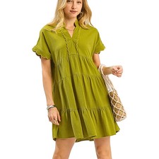 Umgee Linen Mini Dress Matcha Green Ruffled V-Neck Delicate Scallop Trim Loose