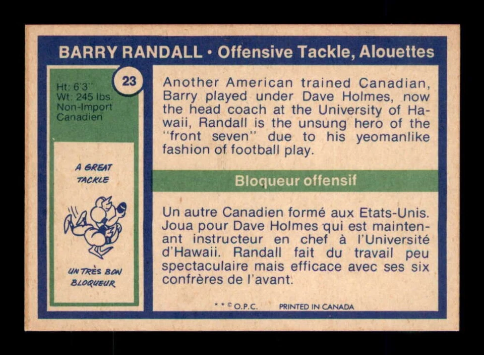 1972 O-Pee-Chee CFL #23 Barry Randall NM/NM+ X3581107 - Image 2 of 3