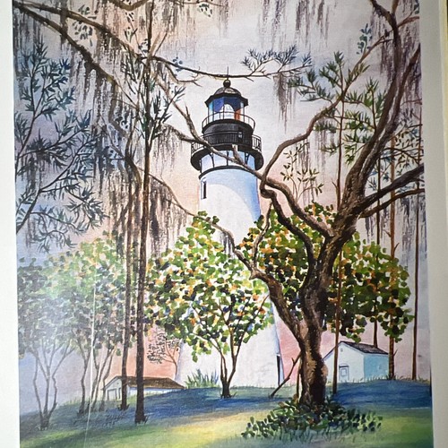 Pam Webb Amelia Island Lighthouse Watercolor Matted Painting 8x10” - Picture 2 of 4