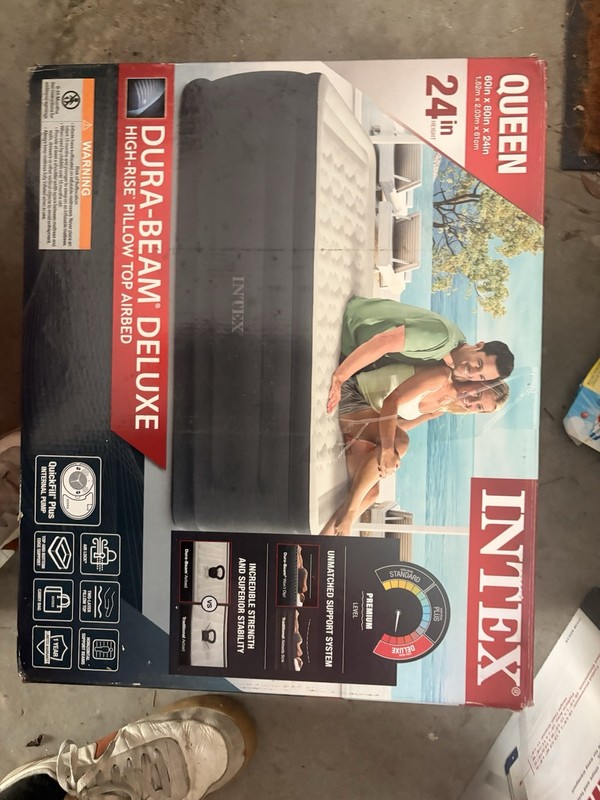 Intex Dura Beam Deluxe Blow Up Air Mattress Bed with Built In Pump, Queen 24IN