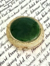 Vintage Mirror Powder Compact Gold Tone Green Decorative Top 2”