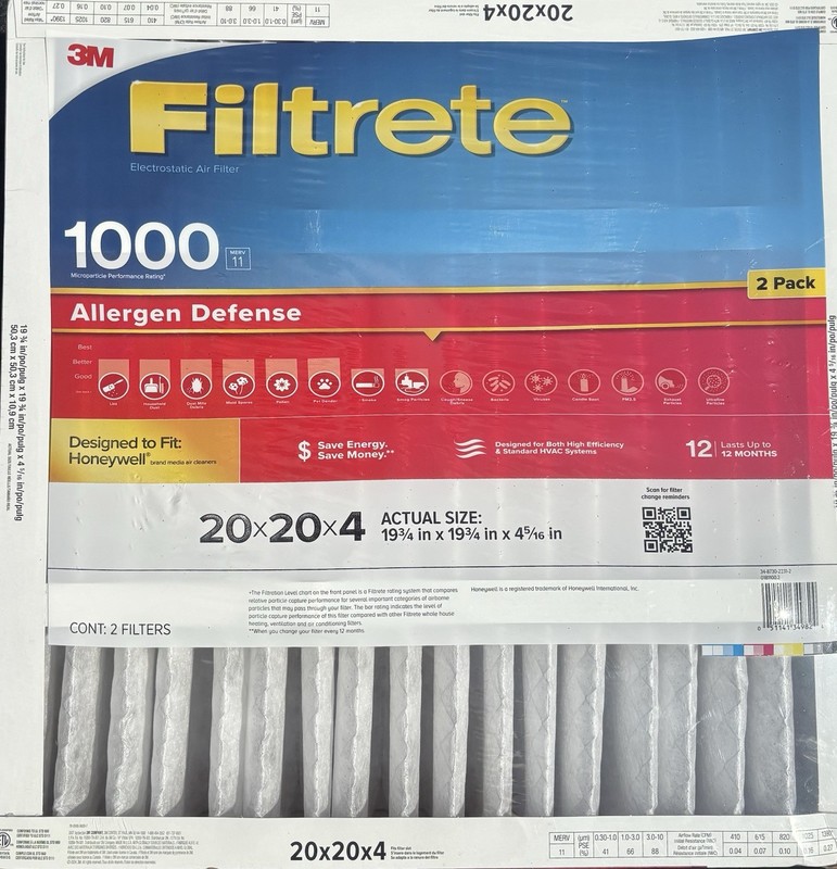 Filtrete 1000 MERV 11 Electrostatic 20x20x4 Air Filter Allergen Defense 2 Pack