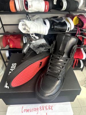 Lovesong Su Skytop HF All Black Leather Red Sole Mid High Top Men's Sneakers