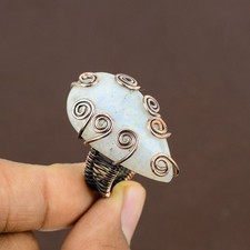 Rainbow Moonstone Gemstone Copper Wire Wrap Jewelry Ring Size 9 X-Mas Gift b805