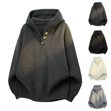 Mens Knitted Hooded Sweaters Warm Thicken Casual Half Button Solid Color Tops