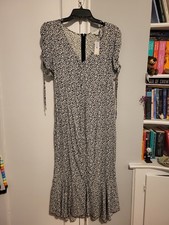HYFVE Floral Chiffon Fit & Flare Midi Dress Ruched Ruffle Short Sleeve Size L