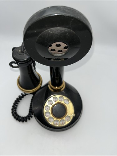 Telefono rotante a candela Deco-Tel 1973 vintage nero con bordo oro tono quadrante - Foto 7 di 8