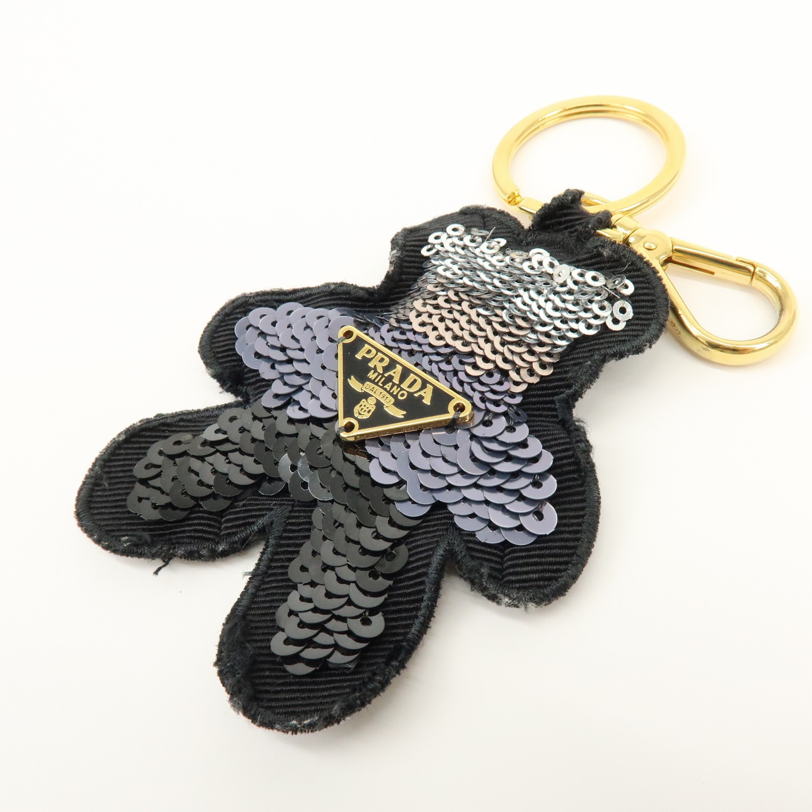 PRADA Bear Motif Canvas Sequins Bag Charm Key Holder Black Silver Auth Used F/S thumbnail 3