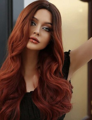 Perruque Longue Rouge Avec Racines Noires - 100% Synthétique - Ondulée - Taille Moyenne - Neuf