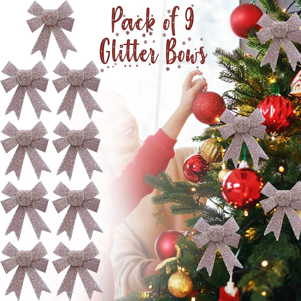 9Pcs Rose Gold Glittered Shiny Bows 11cm, Christmas Tree Decorations Gift Bows - Image 4 of 4