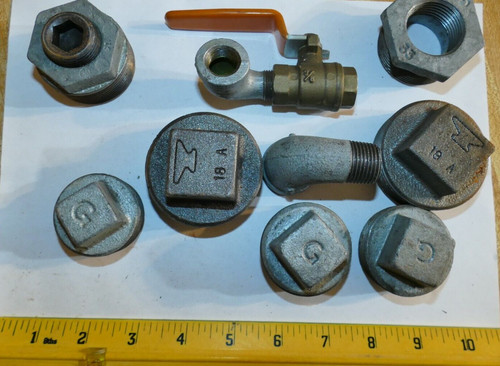 Square Head Plugs, Valve, Plumbing 9 pc LOT assorted supplies steel & brass