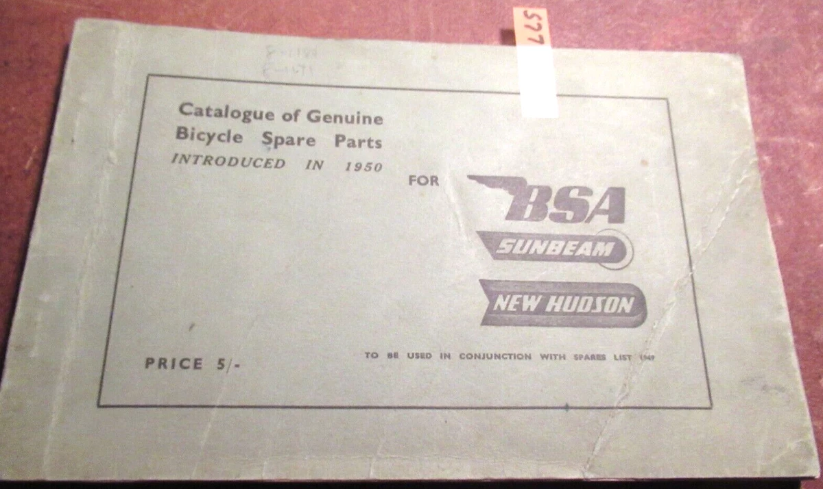 1950 BSA Sunbeam New Hudson Bicycle Parts Spares List Catalog