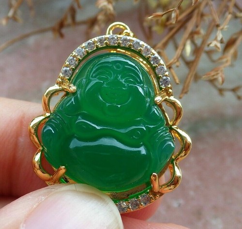 Yellow Gold Plate Chalcedony Agate JADE Buddha God Pendant Necklace 397703 - Picture 3 of 9