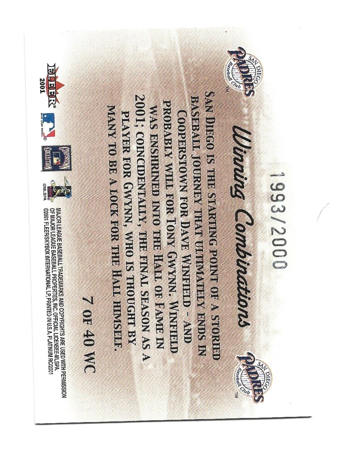 2001 Winfield/Gwynn Fleer Platinum Winning Combinations Sp 1993/2000 - Image 2 of 2
