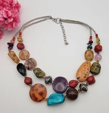 Silver Tone 2-Strand Multicolor Lucite Faux Stone Beaded Layered Necklace 23"