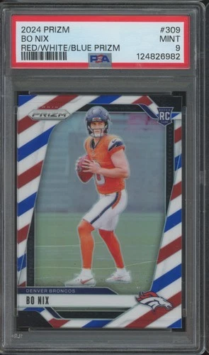 2024 Panini Prizm Red White Blue RWB #309 Bo Nix RC Rookie Mint PSA 9