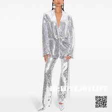 Party Wedding Set Women Blazer One Button Sequin Sliver Coat Suit Pants 2PC