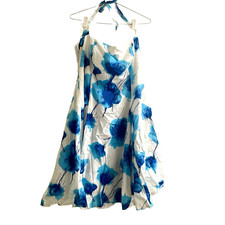 Vintage Y2K Intangible Halter Dress White & Blue Abstract Floral Midi Size 14