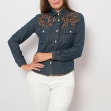 Henry Cotton's Upcycled Hand Embroidered Denim Shirt Button Down Shirt Size S